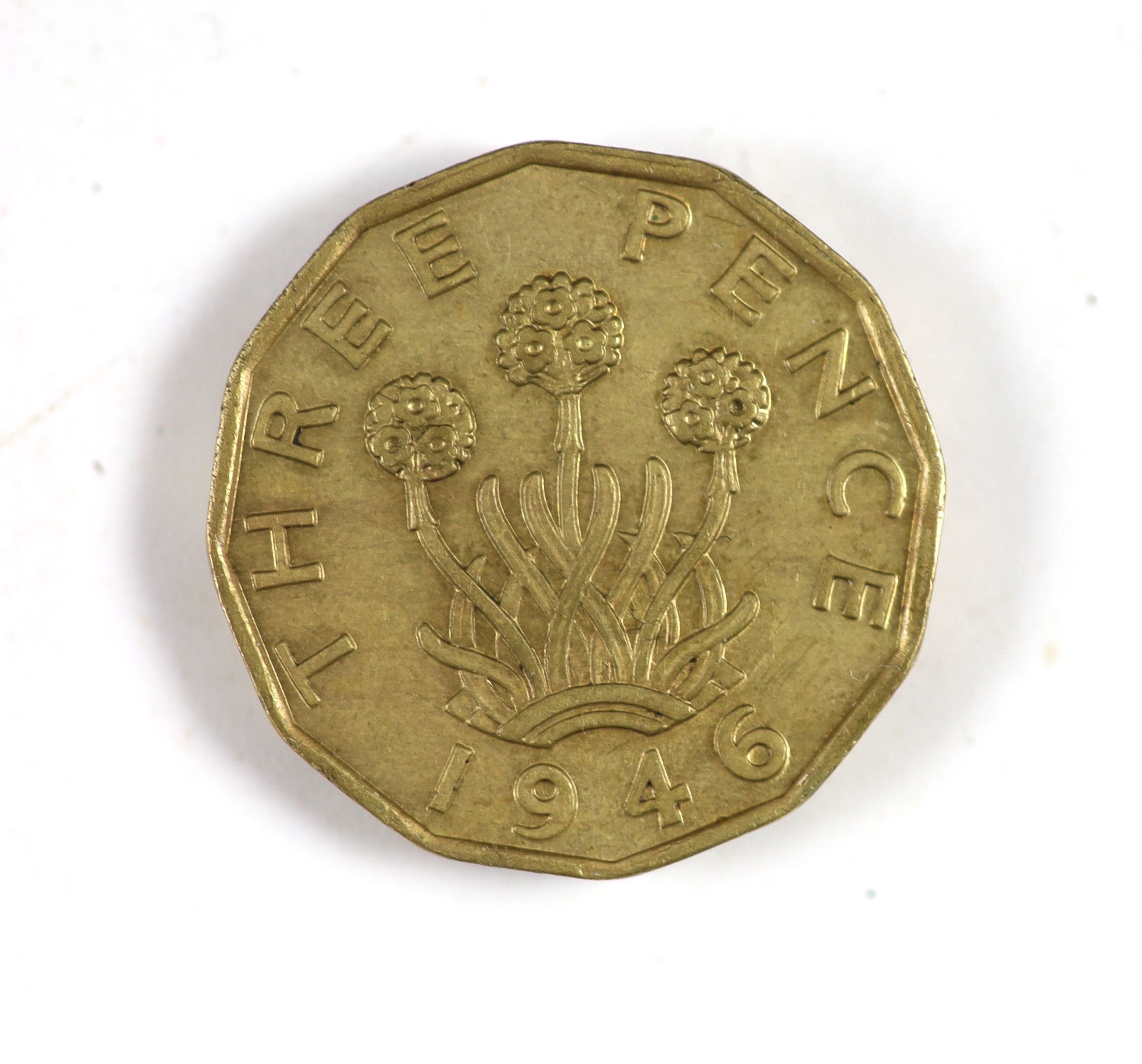 George VI nine coin specimen set for 1946, first issue, including the rare 1946 brass threepence (S4112), about EF, rare in this grade or higher